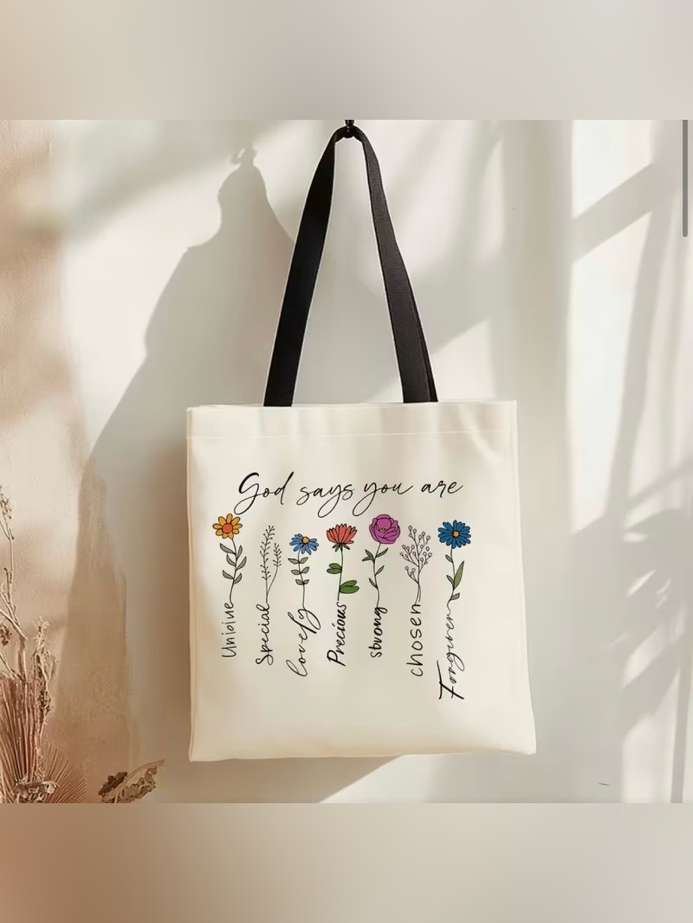 Canvas Floral 'God Says You Are' Tote Bag in Cream - Picture 6 of 10